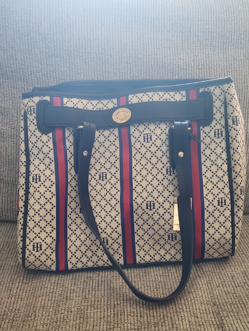 Tommy Hilfiger Striped Canvas Tote Bag with Navy Trim